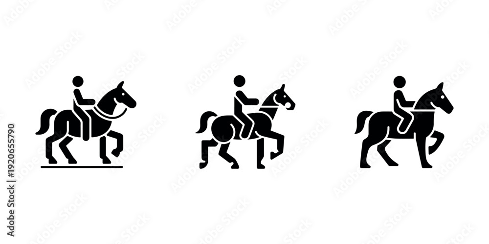Obraz premium Horseback riding icon set. person on horse silhouette. equestrian sport pictogram collection. rider on stallion glyph style.