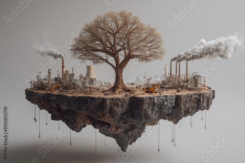 Floating industrial landscape with tree above factories and smoke at the edge of the world in a surreal setting