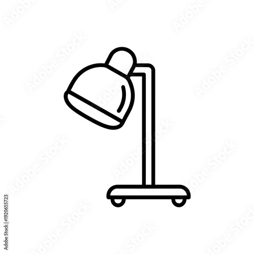 Simple line drawing of a desk lamp with adjustable head and wheeled base isolated on white background, Vector, illustration