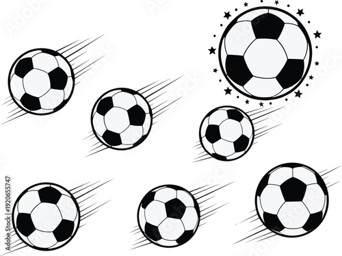 Black and White Soccer Ball Graphic Set with Dynamic Motion Trails and Decorative Star Elements for Football Sports Events, Team Logos, and Athletic Performance Designs