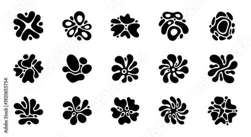 Collection of abstract organic fluid shapes, black ink blobs, and cellular patterns