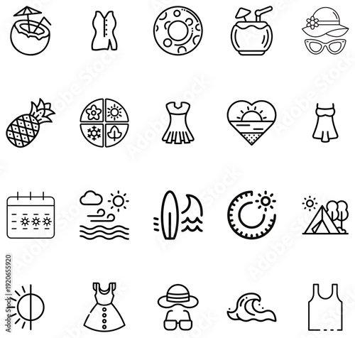 Collection of Summer Vacation Featuring Tropical Drinks Beachwear and Seasonal Symbols