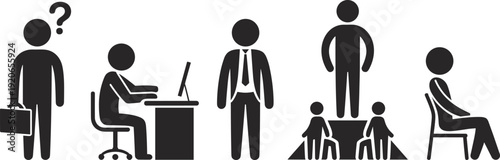 PrintCareer journey silhouettes, professional stages, decision making, productivity work, leadership achievement, retirement rest, personal growth inspiration