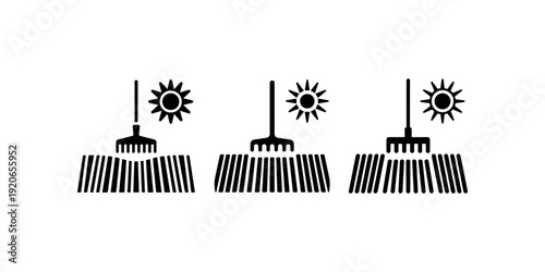 Three black silhouette icons depicting a solar-powered garden rake, showing one with bent tines and two with straight, illustrating sun strength