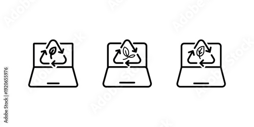 Three black outline icons featuring laptops with recycling symbols on their screens, illustrating the concept of electronic waste recycling