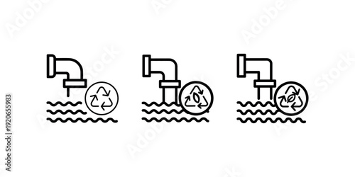Three black outline icons depicting water flowing from pipes into waves, with recycling symbols indicating water purification and reuse