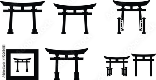 PrintTorii gate collection, Japanese shrine entrance, traditional architecture, cultural heritage, spiritual symbol, design variation, artistic inspiration
