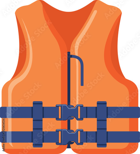 Bright Orange Life Vest Vector Illustration with Blue Safety Straps and Buckles for Water Safety, Boating, and Rescue Equipment Designs