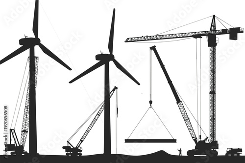 Wind turbine construction silhouette, cranes lifting blades renewable energy infrastructure, workers building sustainable power, clean electricity future illustration