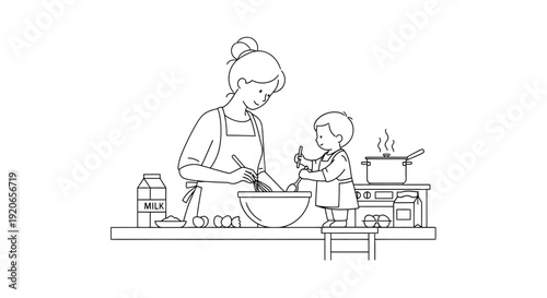 Mother and child cooking together in the kitchen.