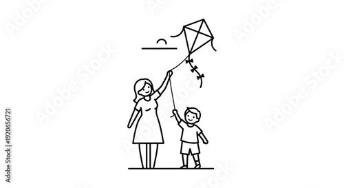 Mother and child flying a kite together outdoors.