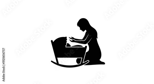 Mother gently rocking her baby in a cradle silhouette.