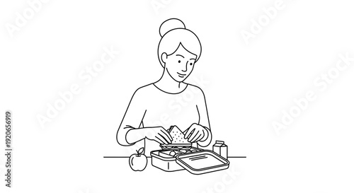 Woman preparing food in the kitchen with simple line art.