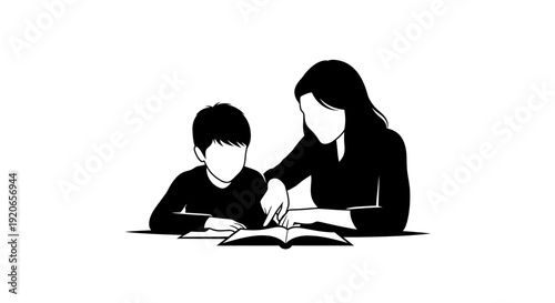 Mother and Son Reading Together in Black Silhouette.