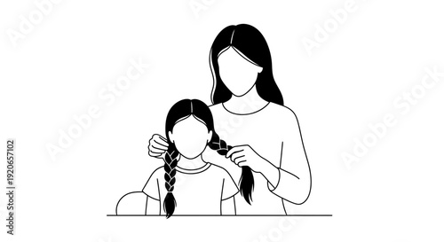 Mother gently braiding her young daughter's hair in a simple illustration.