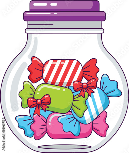 Clear Glass Candy Jar Filled with Colorful Wrapped Hard Candies and Sweet Treats for Birthday Parties, Holiday Celebrations, and Confectionery Shop Advertising