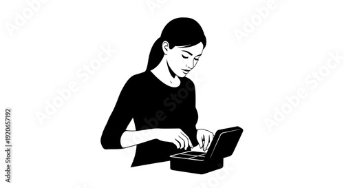 Woman working on laptop computer with focused expression.