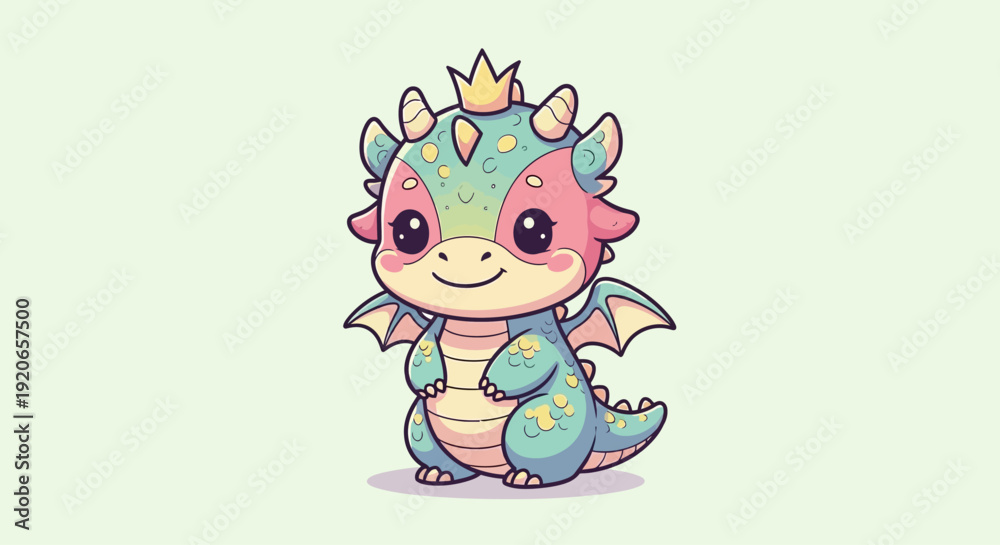 Fototapeta premium Adorable cartoon baby dragon wearing a crown.