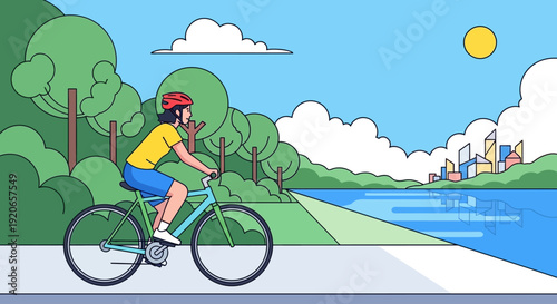 Woman cycling in a park with city skyline in background