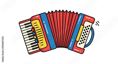 Cartoon accordion with red bellows and black and white keys