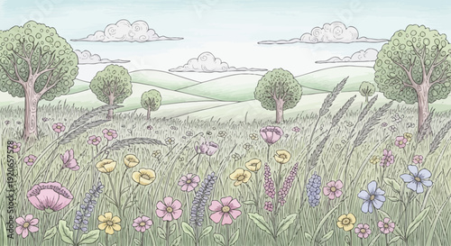 A charming wildflower meadow with rolling hills and trees under a cloudy sky.