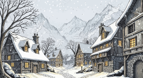 Cozy winter village nestled in snowy mountains