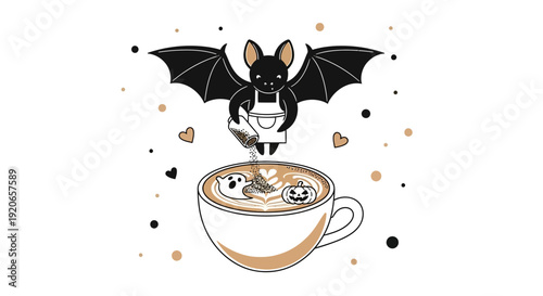 A Bat Barista Prepares A Halloween Beverage In A Cozy And Delightful Illustration