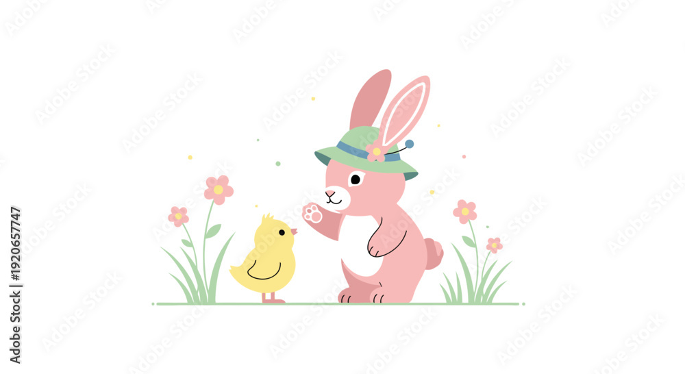 Fototapeta premium A Cheerful Encounter Of A Bunny And A Chick In A Springtime Scene
