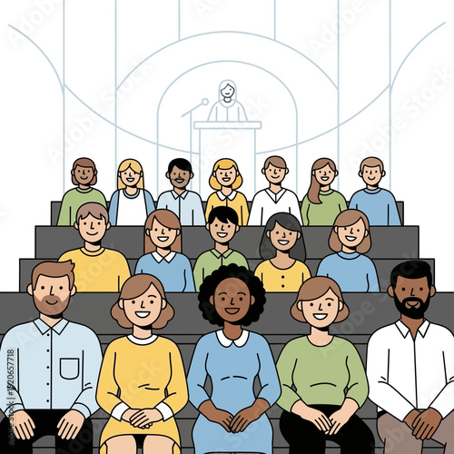 Attendees Gathering at Lecture Hall: Illustrative Depiction of Diverse People Listening to a Speaker