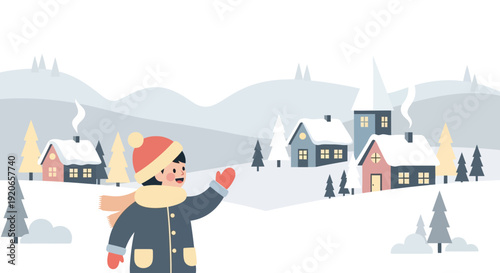 A Cheerful Child Welcoming Snowy Season in a Charming Winter Village