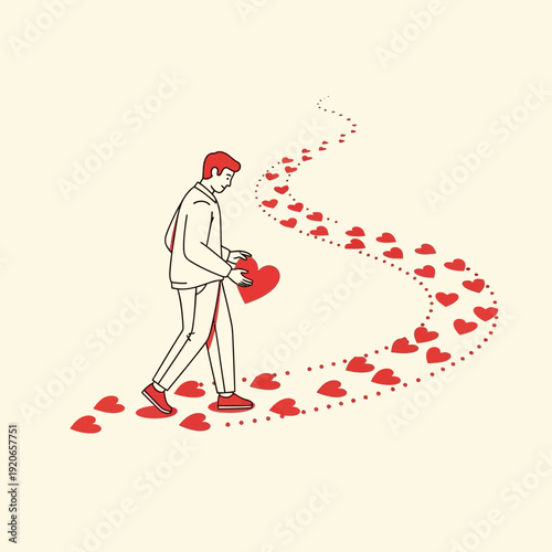 A Person Walks A Winding Path, Leaving A Trail Of Hearts, Symbolizing Love's Journey and Pursuit