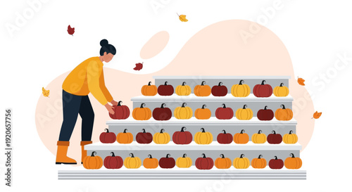 Autumn Pumpkin Display: A Woman Arranges Colorful Gourds On Shelves Ready For Harvest Season