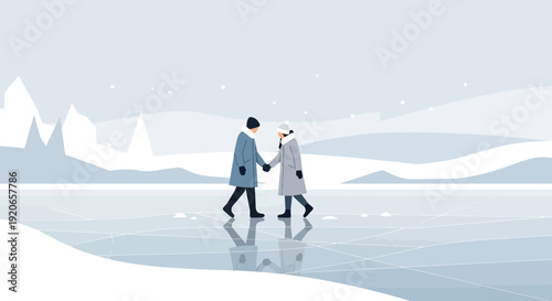 Couple Strolling Hand-in-Hand on Icy Surface with Wintery Landscape Scene