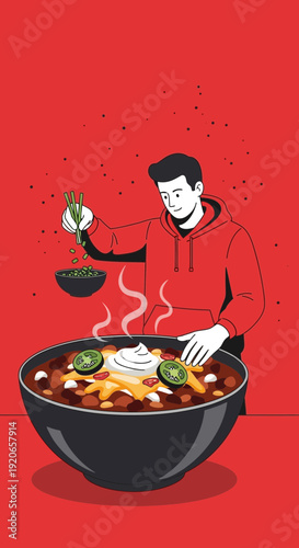 A Chef Expertly Garnishing a Culinary Masterpiece Within Vibrant Crimson Backdrop