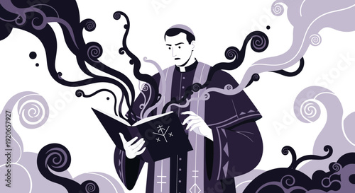 A Priest Engrossed In Reading A Mystical Book With Swirling Abstract Elements