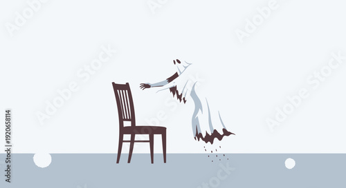 A Spooky Spectral Being Reaching For A Wooden Chair In A Minimalist Scene