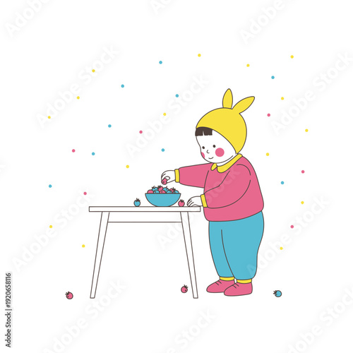 A Curious Child Reaching For Berries Beside A Table With Colorful Confetti Decorating The Scene