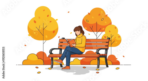 Woman reading on a park bench in autumn