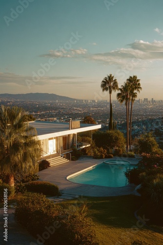 As the sun sets, a breathtaking view emerges of a house nestled in the hills, complete with a shimmering pool and swaying palm trees.