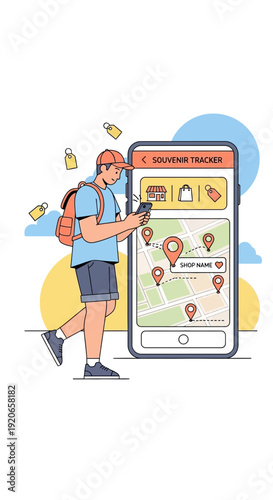A Traveler Uses a Smartphone Navigation and Souvenir Tracker Application During His Trip Outdoors