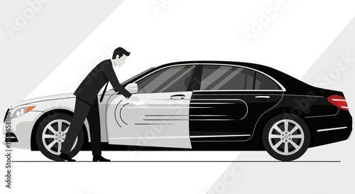 Business Professional Inspecting A Modern Automobile With A Unique Black And White Design