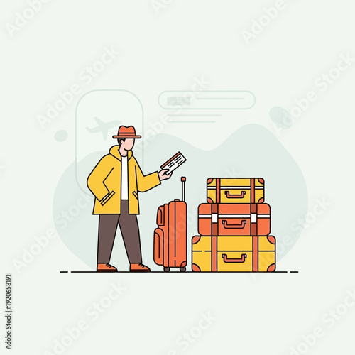 A Traveler with Luggage Checks Ticket For Flight Departure, Ready for Global Exploration Trip