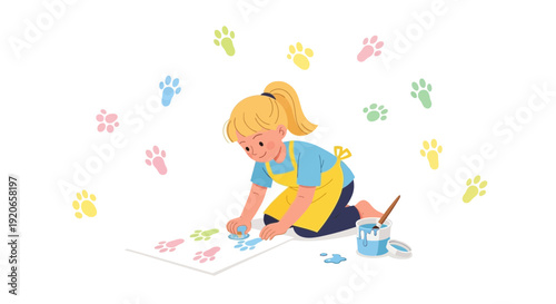 Creative Girl Making Colorful Paw Prints, Playful Art Activity in Studio