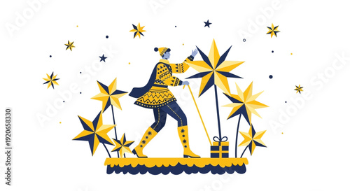 Celestial Navigator: A Person Guiding Star-Shaped Floral Elements Across the Heavens