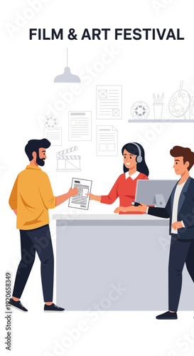 A Film And Art Festival Featuring Attendees Interacting At The Registration Desk And Counter