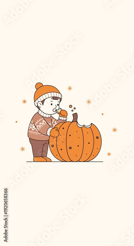 A Young Child Bites Into a Pumpkin, Celebrating Autumnal Festivities and Harvest