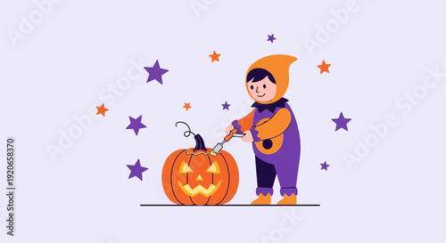 A Young Child Carves a Spooky Pumpkin for the Halloween Celebration Illustration