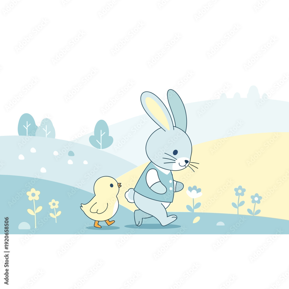 Fototapeta premium Charming Easter Illustration Depicting a Playful Bunny and a Cheerful Chick Wandering Together