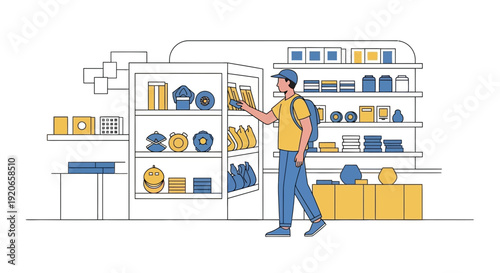 Customer Browsing Selection Of Products At The Retail Store With A Backpack