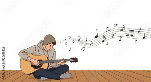 A Young Musician Plays Guitar, Notes Flowing to Create a Melodic Artistic Scene